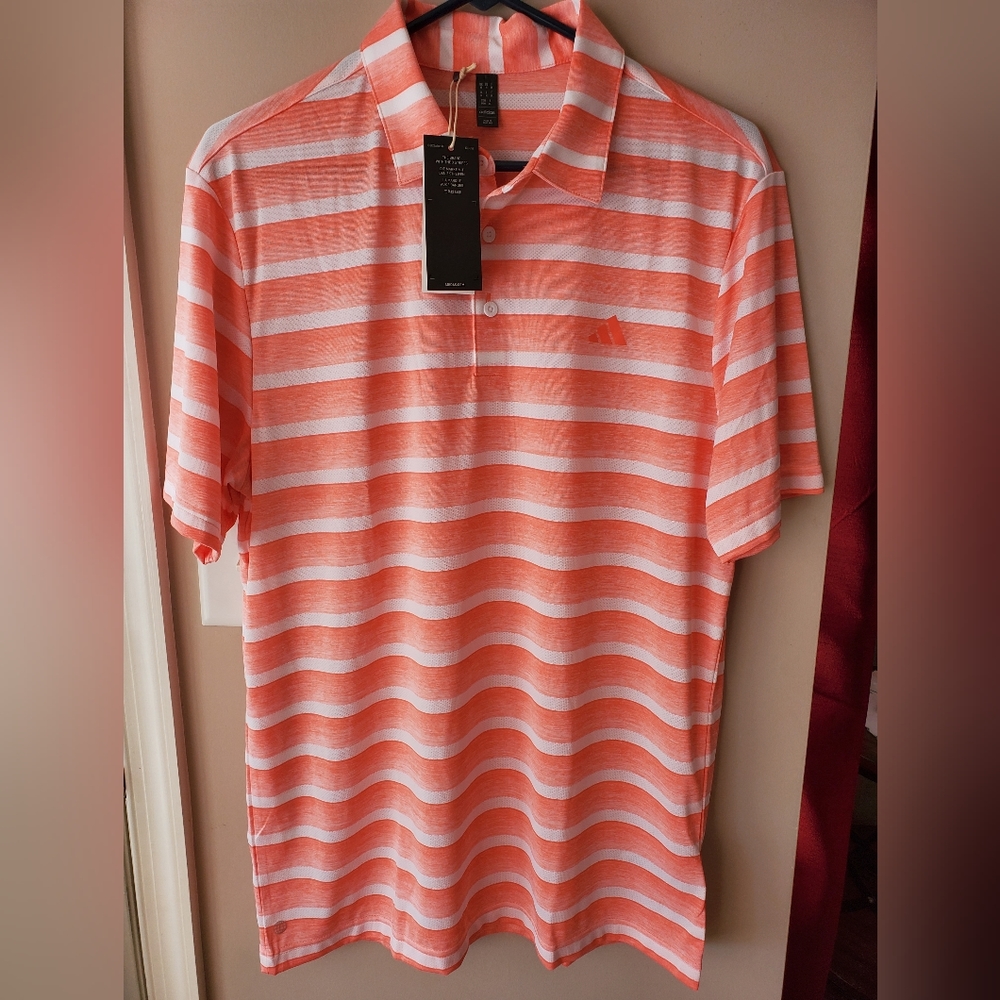 Adidas Orange and White Polo Shirt with Stripes